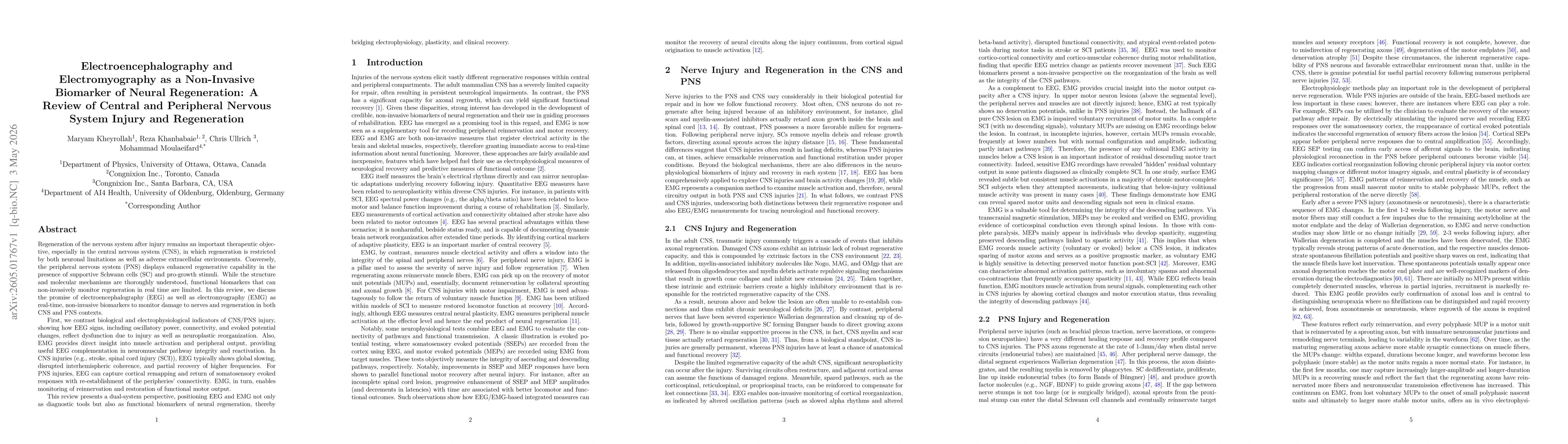 Thumbnail for Electroencephalography and Electromyography as a Non-Invasive Biomarker of Neural Regeneration: A Review of Central and Peripheral Nervous System Injury and Regeneration