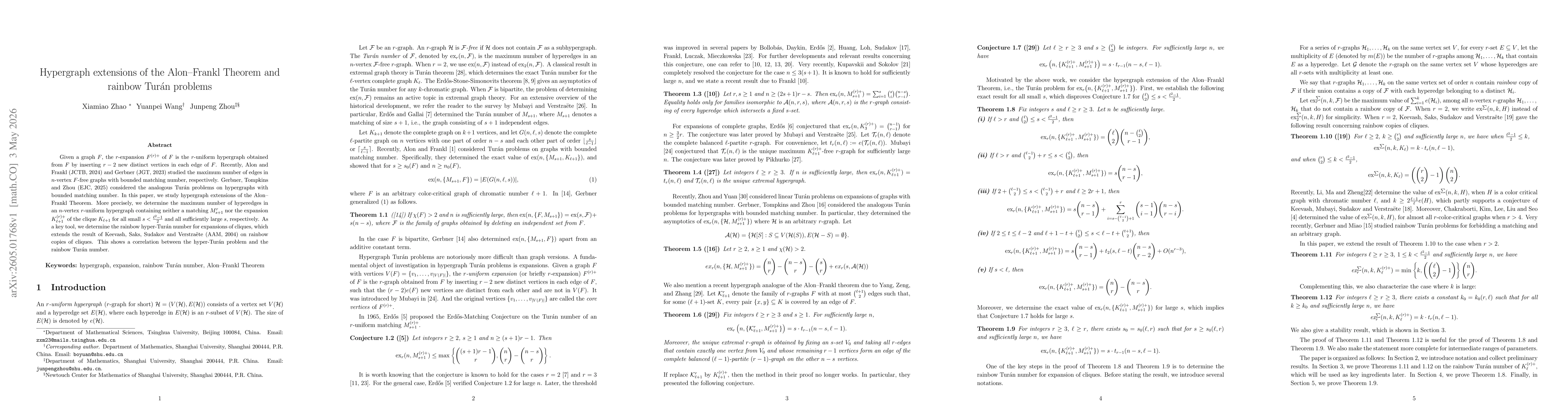 Thumbnail for Hypergraph extensions of the Alon--Frankl Theorem and rainbow Turán problems