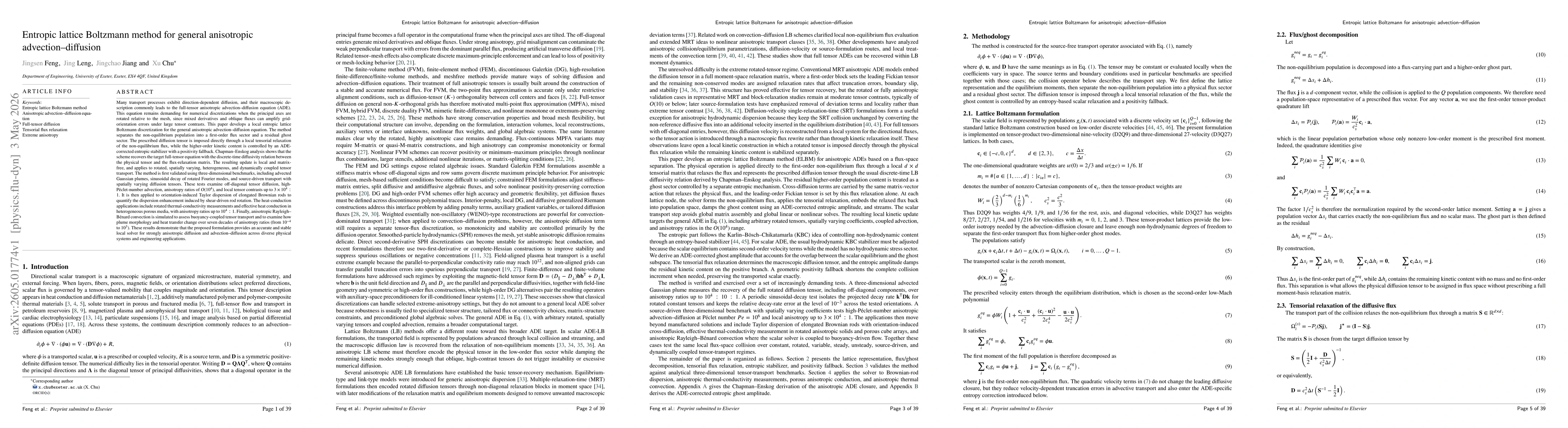 Thumbnail for Entropic lattice Boltzmann method for general anisotropic advection--diffusion