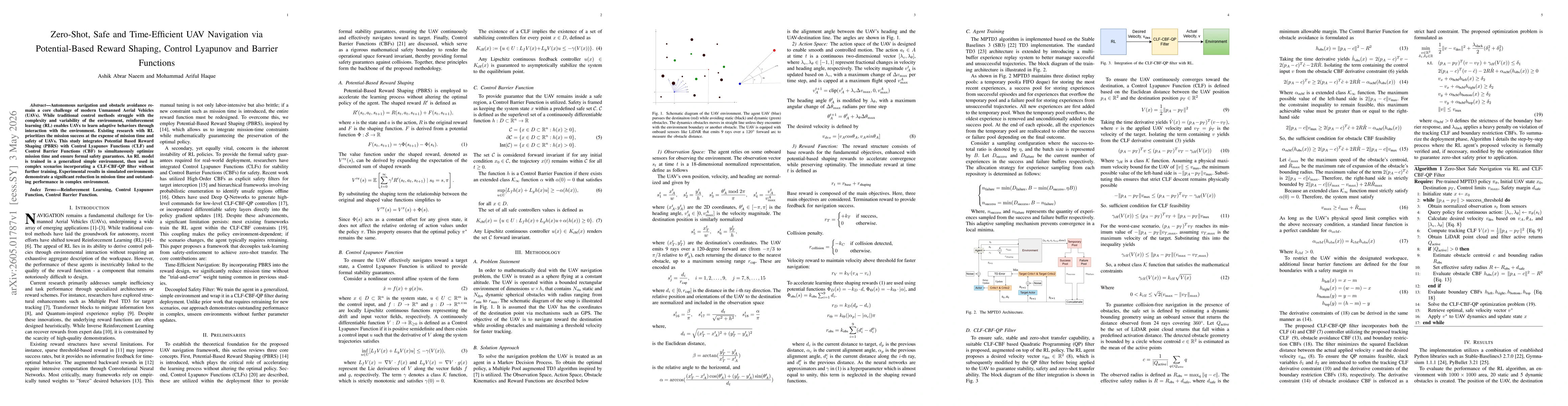 Thumbnail for Zero-Shot, Safe and Time-Efficient UAV Navigation via Potential-Based Reward Shaping, Control Lyapunov and Barrier Functions