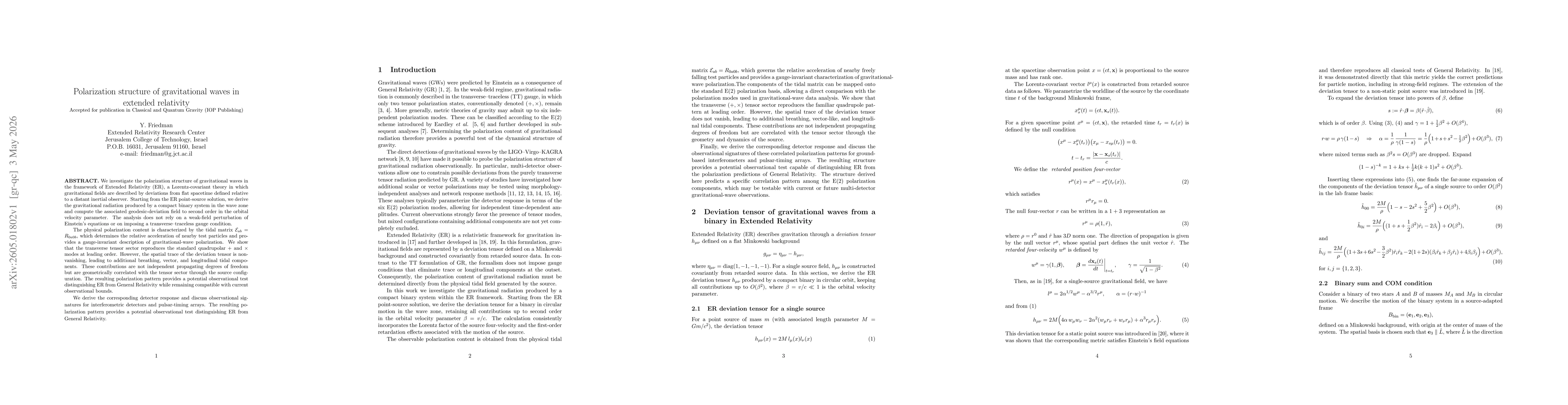 Thumbnail for Polarization structure of gravitational waves in extended relativity