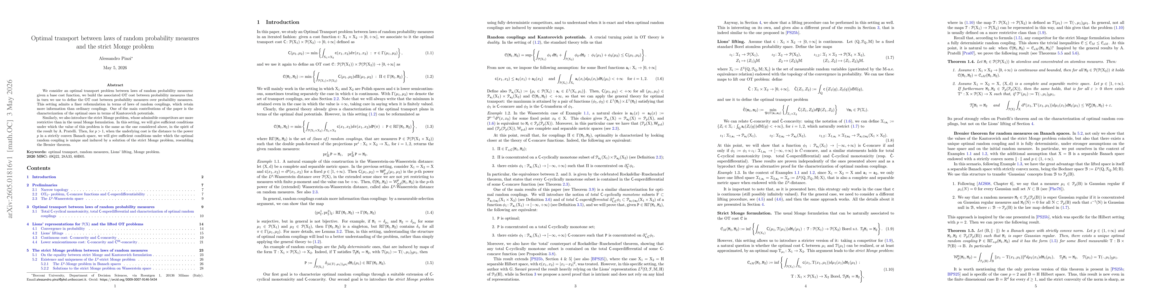 Thumbnail for Optimal transport between laws of random probability measures and the strict Monge problem