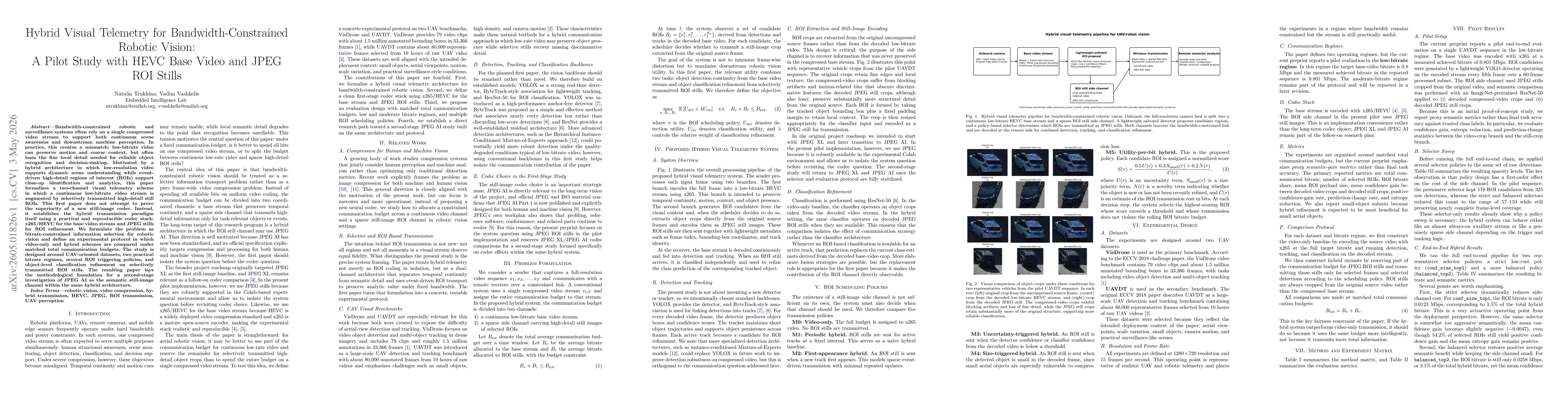 Thumbnail for Hybrid Visual Telemetry for Bandwidth-Constrained Robotic Vision: A Pilot Study with HEVC Base Video and JPEG ROI Stills