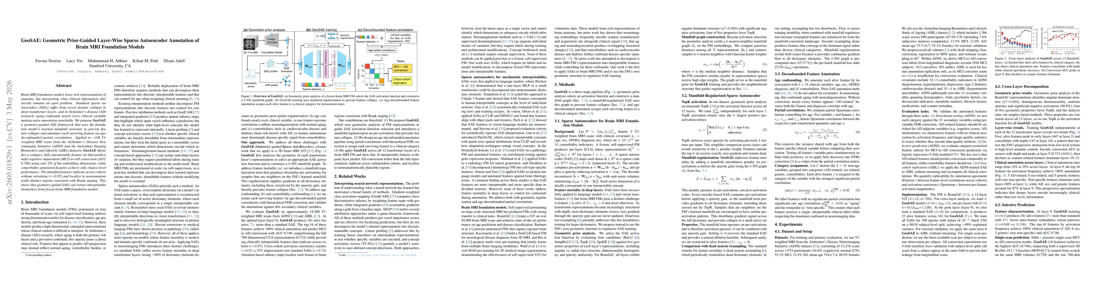 Thumbnail for GeoSAE: Geometric Prior-Guided Layer-Wise Sparse Autoencoder Annotation of Brain MRI Foundation Models