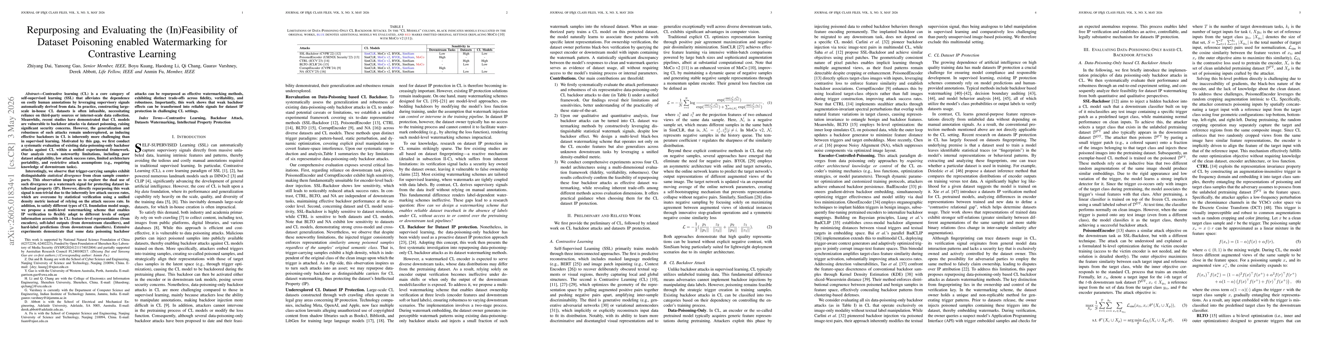 Thumbnail for Repurposing and Evaluating the (In)Feasibility of Dataset Poisoning enabled Watermarking for Contrastive Learning