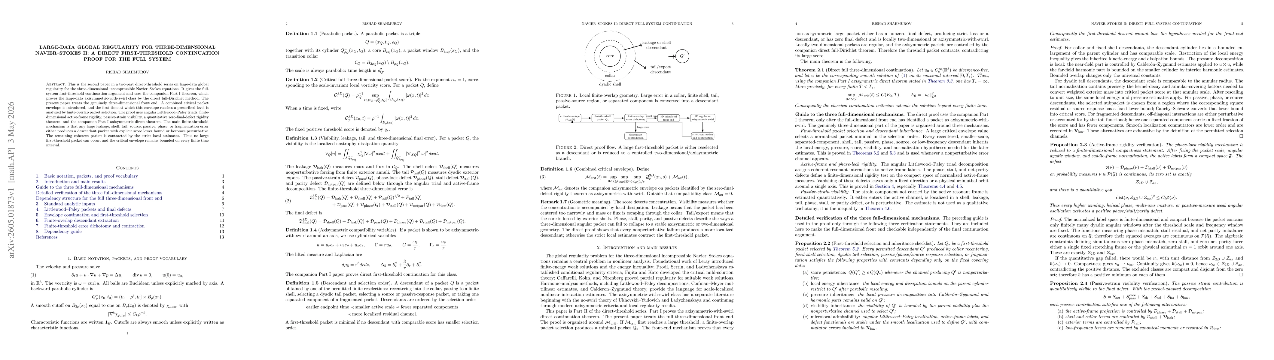 Thumbnail for Large-Data Global Regularity for Three-Dimensional Navier--Stokes II: A Direct First-Threshold Continuation Proof for the Full System