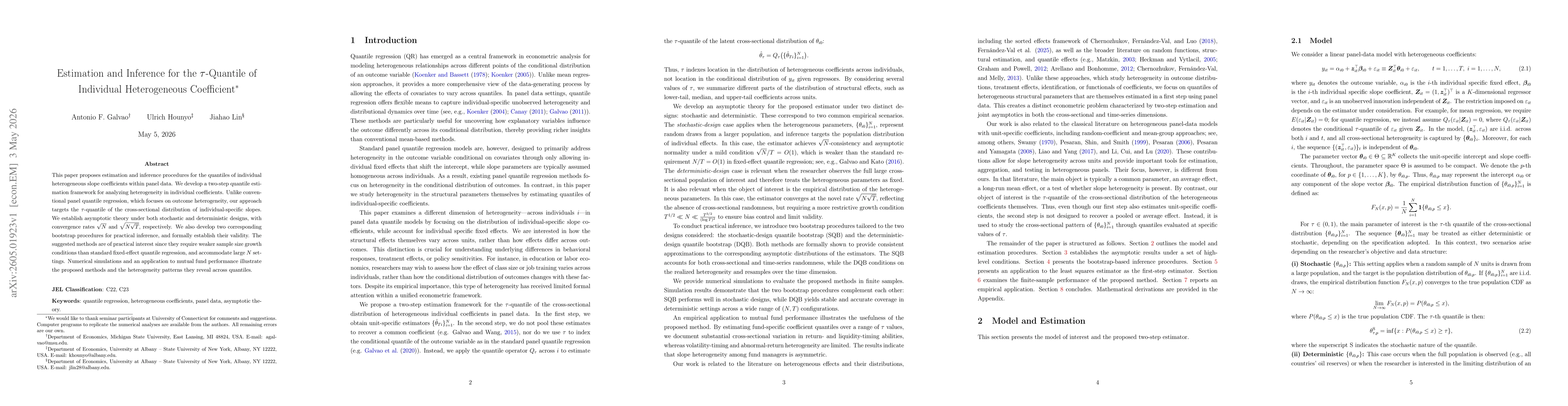 Thumbnail for Estimation and Inference for the $τ$-Quantile of Individual Heterogeneous Coefficient
