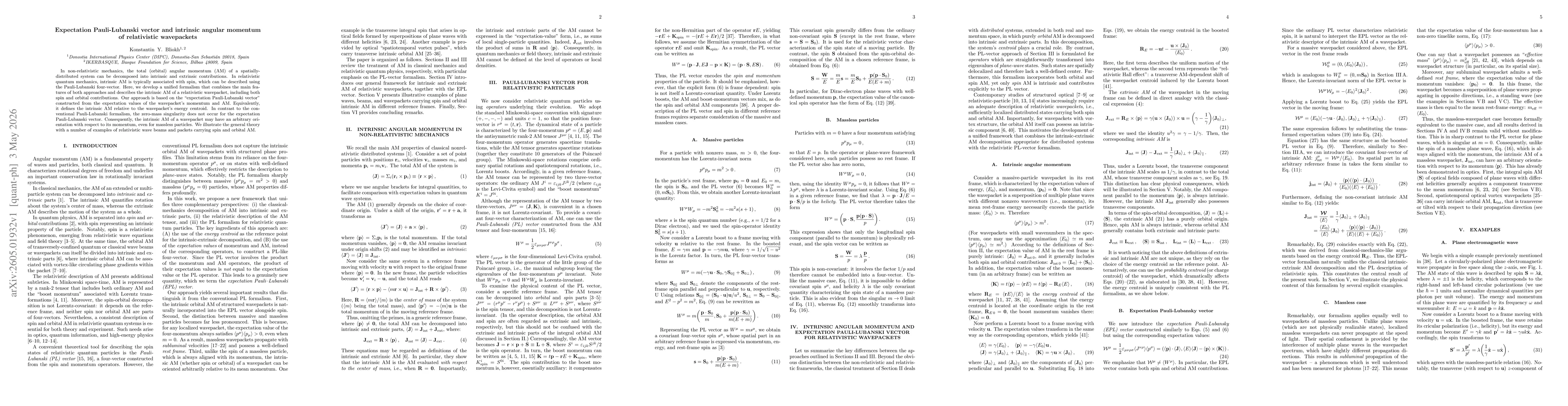 Thumbnail for Expectation Pauli-Lubanski vector and intrinsic angular momentum of relativistic wavepackets