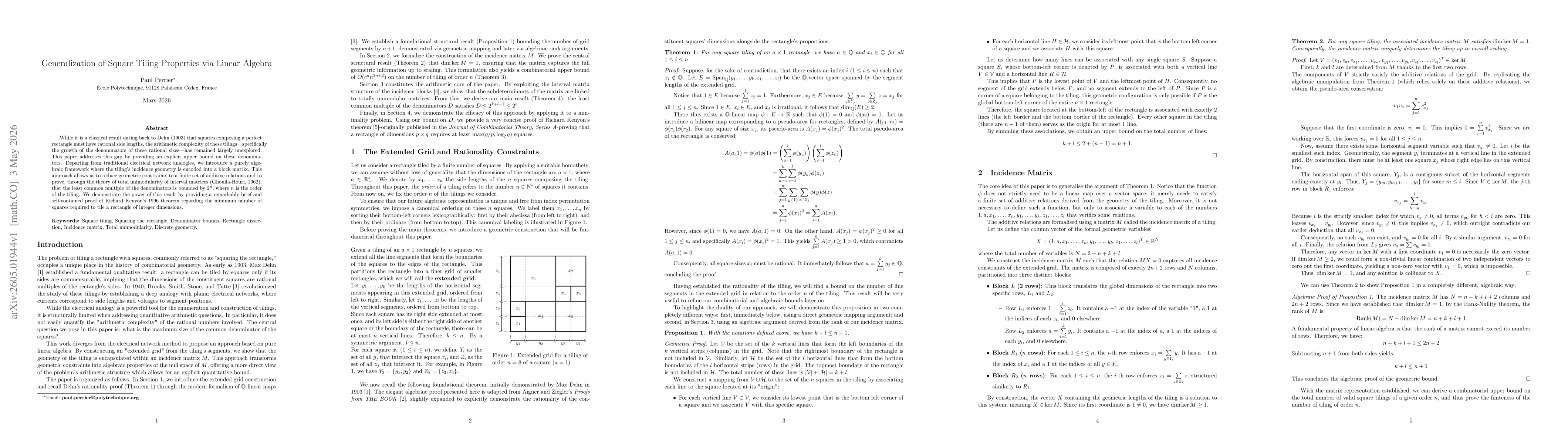 Thumbnail for Generalization of Square Tiling Properties via Linear Algebra