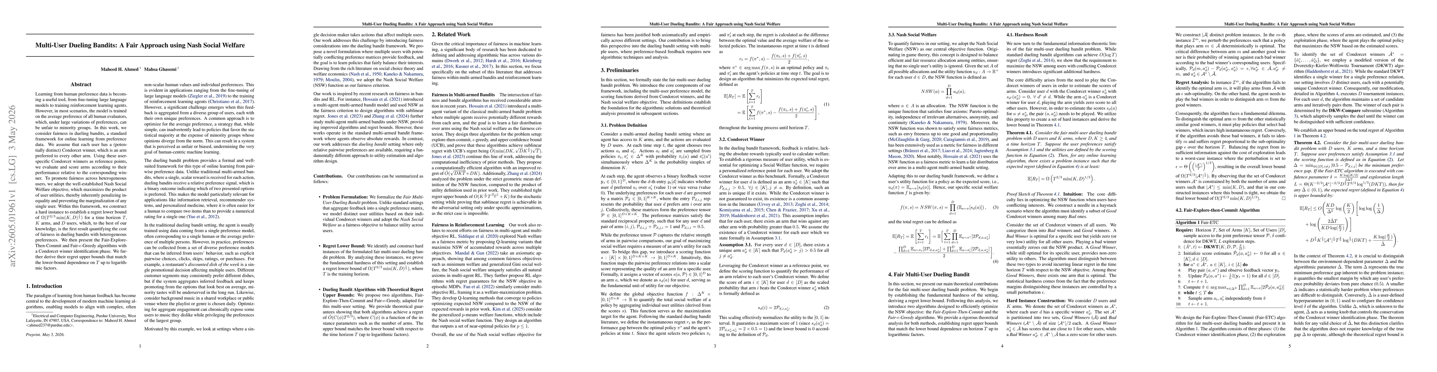 Thumbnail for Multi-User Dueling Bandits: A Fair Approach using Nash Social Welfare