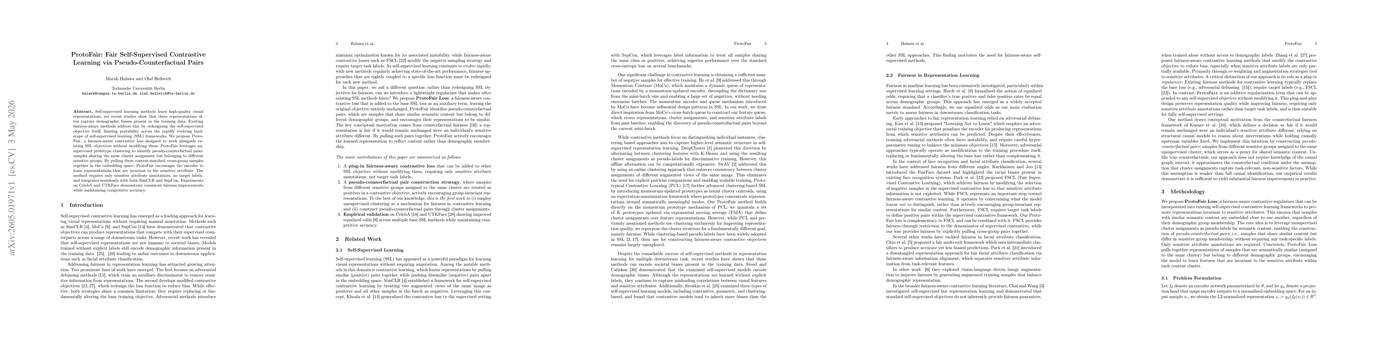 Thumbnail for ProtoFair: Fair Self-Supervised Contrastive Learning via Pseudo-Counterfactual Pairs