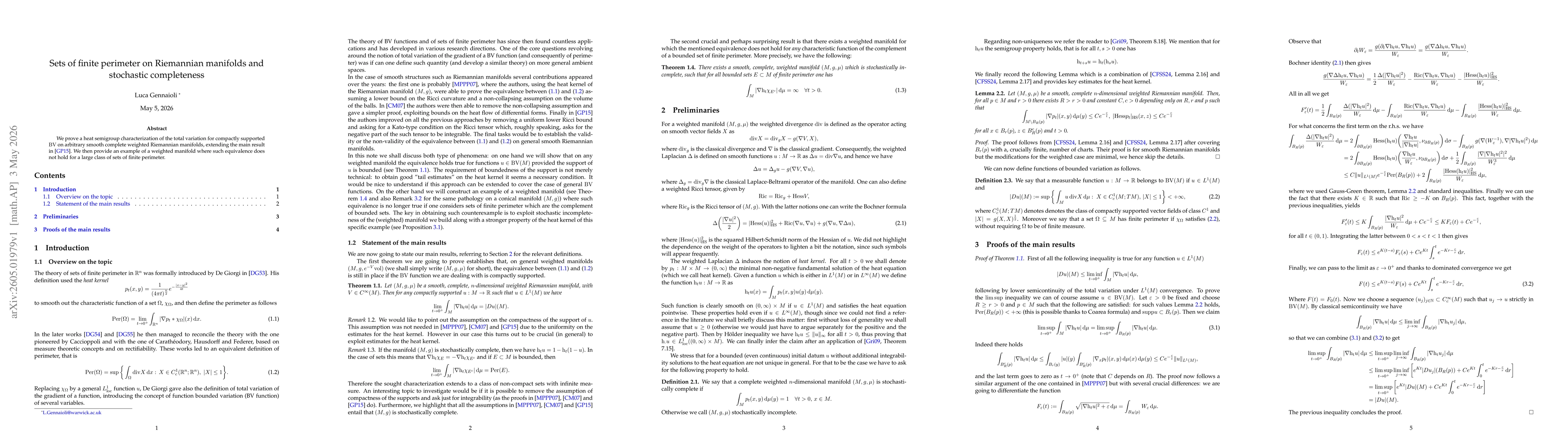 Thumbnail for Sets of finite perimeter on Riemannian manifolds and stochastic completeness