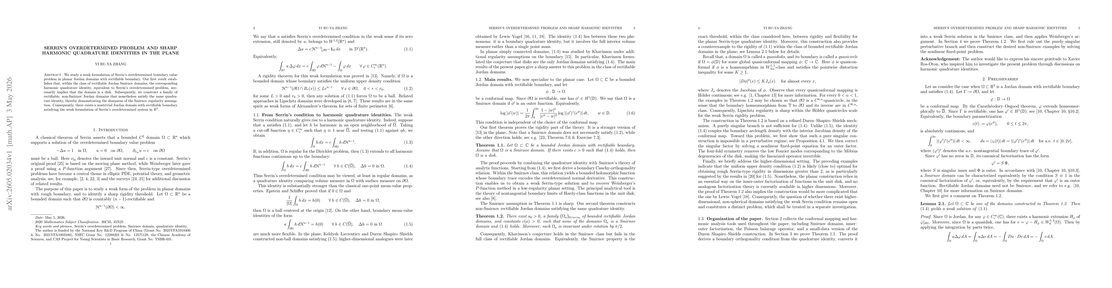 Thumbnail for Serrin's overdetermined problem and sharp harmonic quadrature identities in the plane