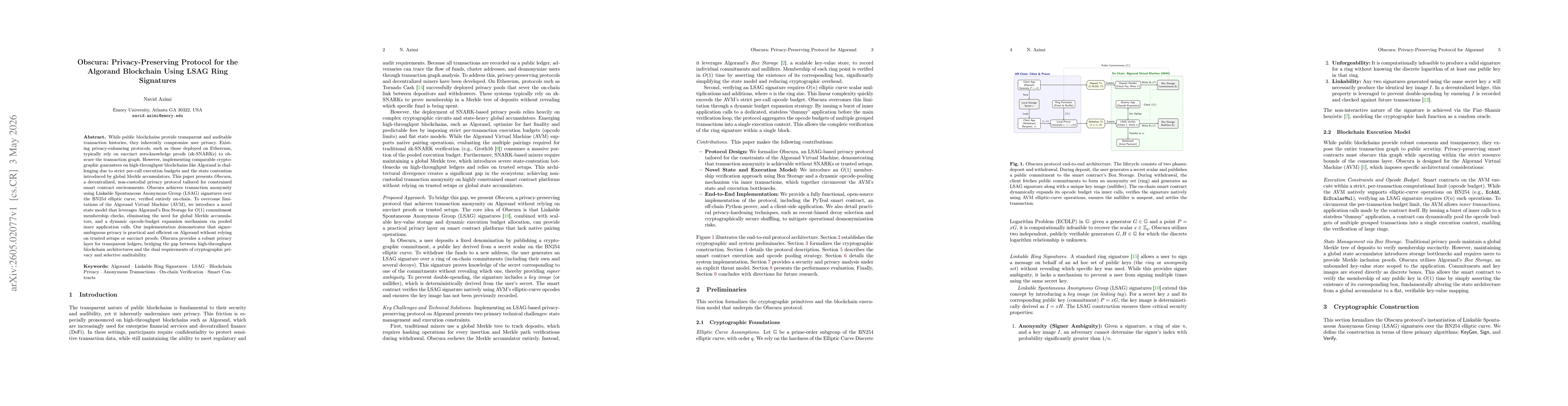 Thumbnail for Obscura: Privacy-Preserving Protocol for the Algorand Blockchain Using LSAG Ring Signatures