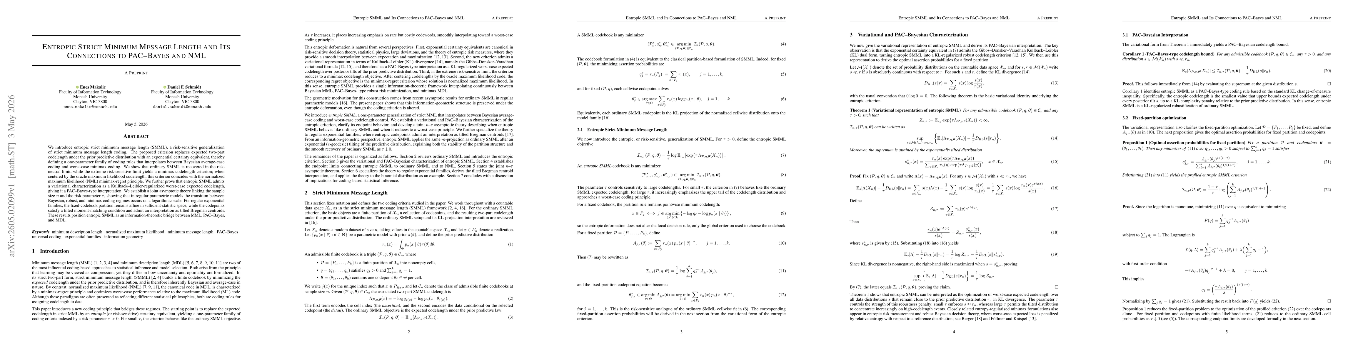 Thumbnail for Entropic Strict Minimum Message Length and Its Connections to PAC-Bayes and NML