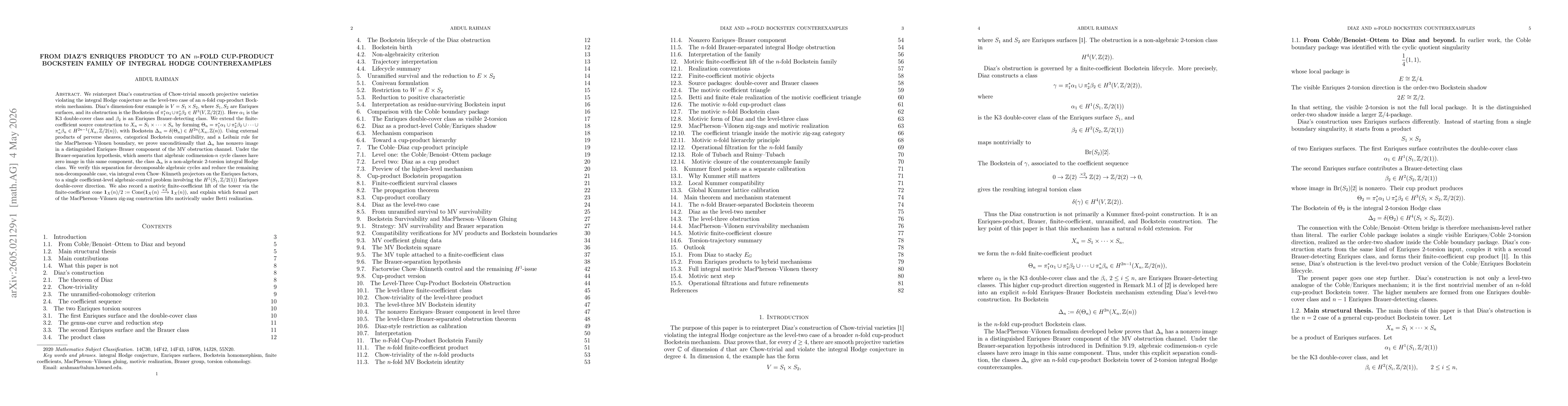 Thumbnail for From Diaz's Enriques Product to an $n$-Fold Cup-Product Bockstein Family of Integral Hodge Counterexamples