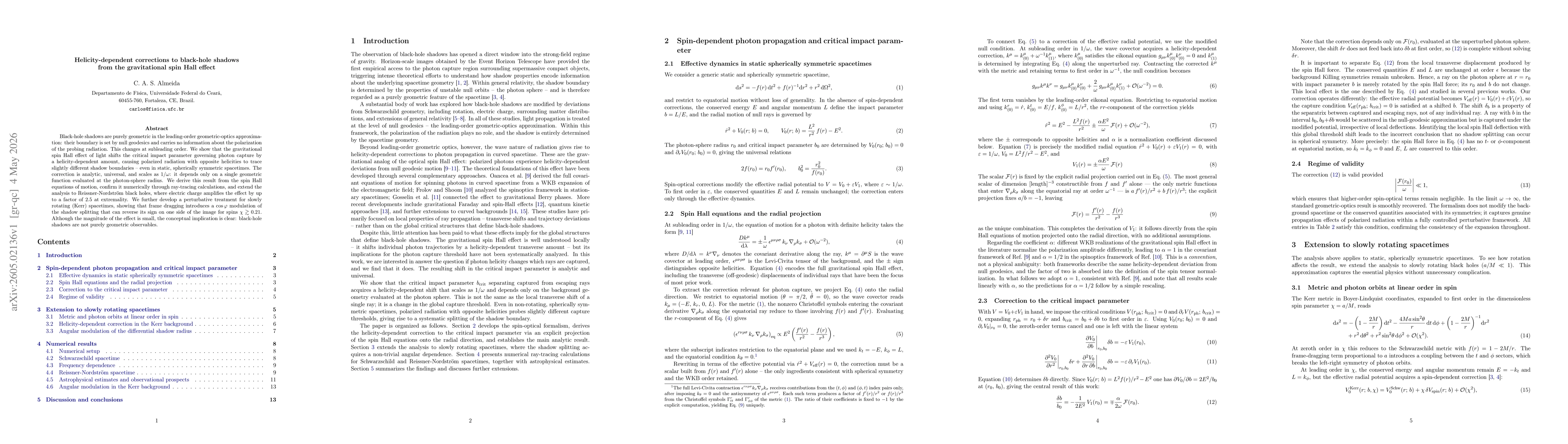 Thumbnail for Helicity-dependent corrections to black-hole shadows from the gravitational spin Hall effect