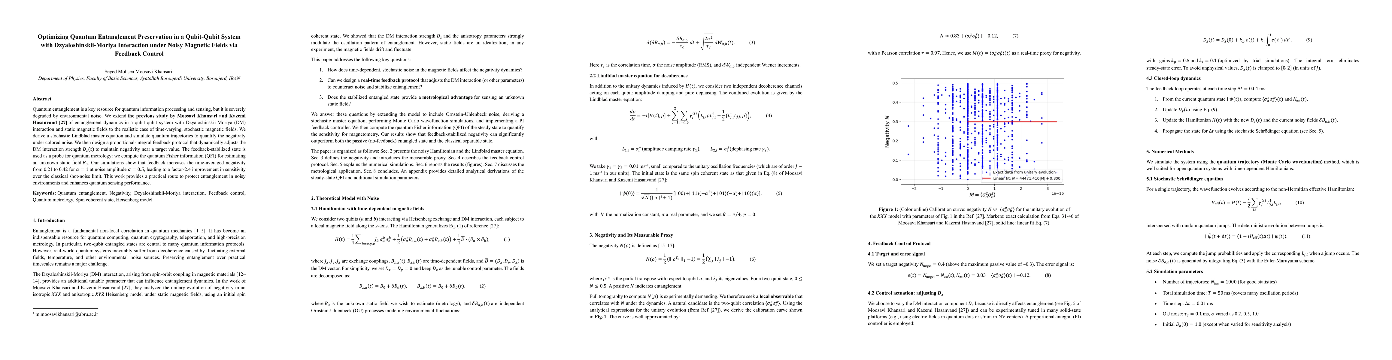 Thumbnail for Optimizing Quantum Entanglement Preservation in a Qubit Qubit System with Dzyaloshinskii Moriya Interaction under Noisy Magnetic Fields via Feedback Control