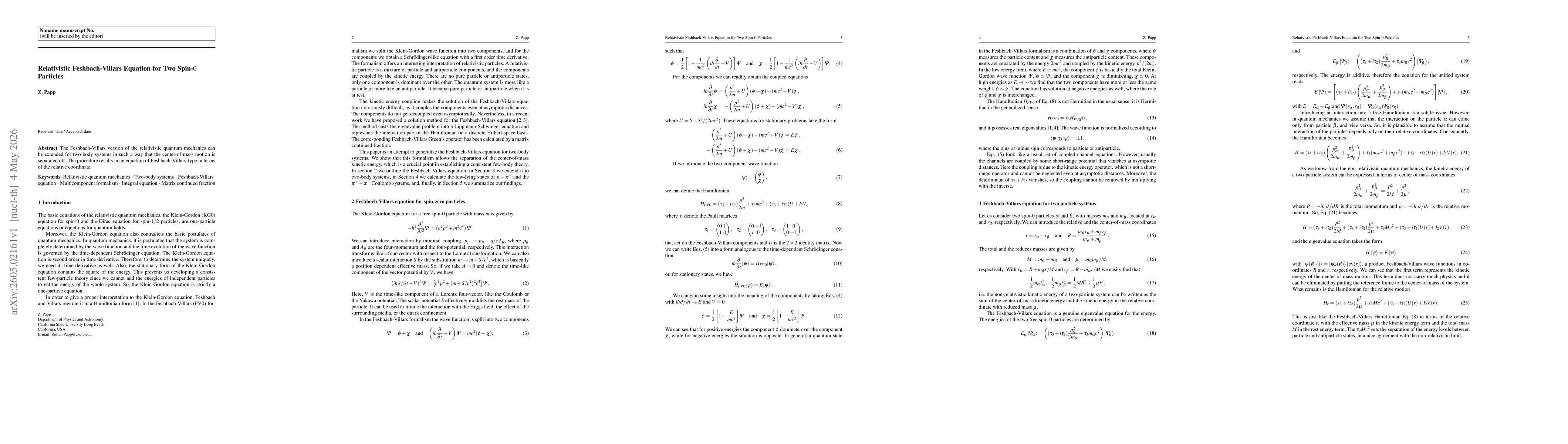 Thumbnail for Relativistic Feshbach-Villars Equation for Two Spin-$0$ Particles