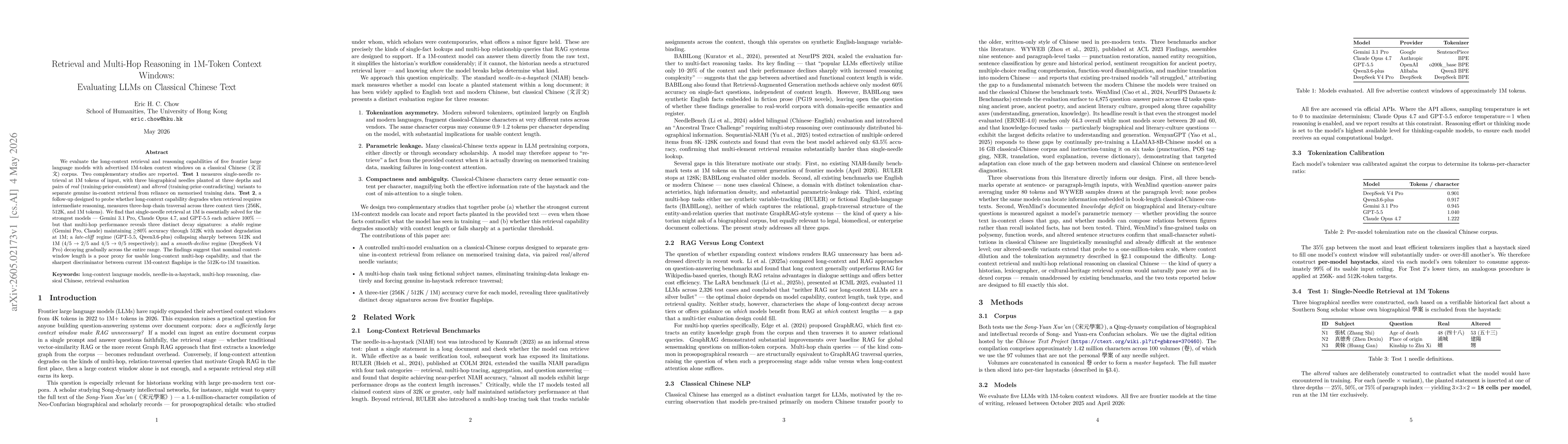 Thumbnail for Retrieval and Multi-Hop Reasoning in 1M-Token Context Windows: Evaluating LLMs on Classical Chinese Text