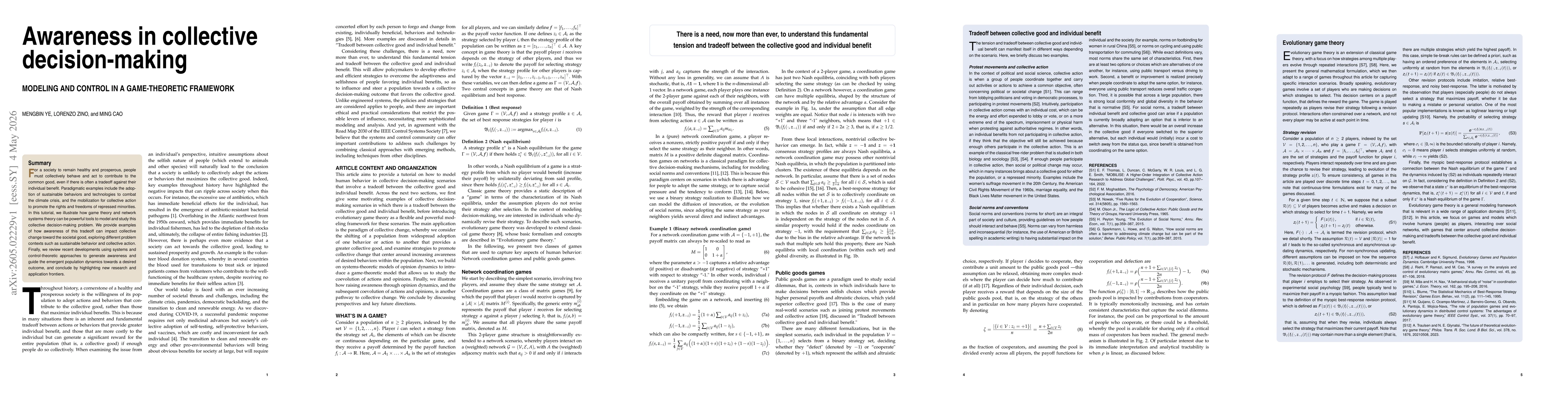 Thumbnail for Awareness in collective decision-making: Modeling and control in a game-theoretic framework