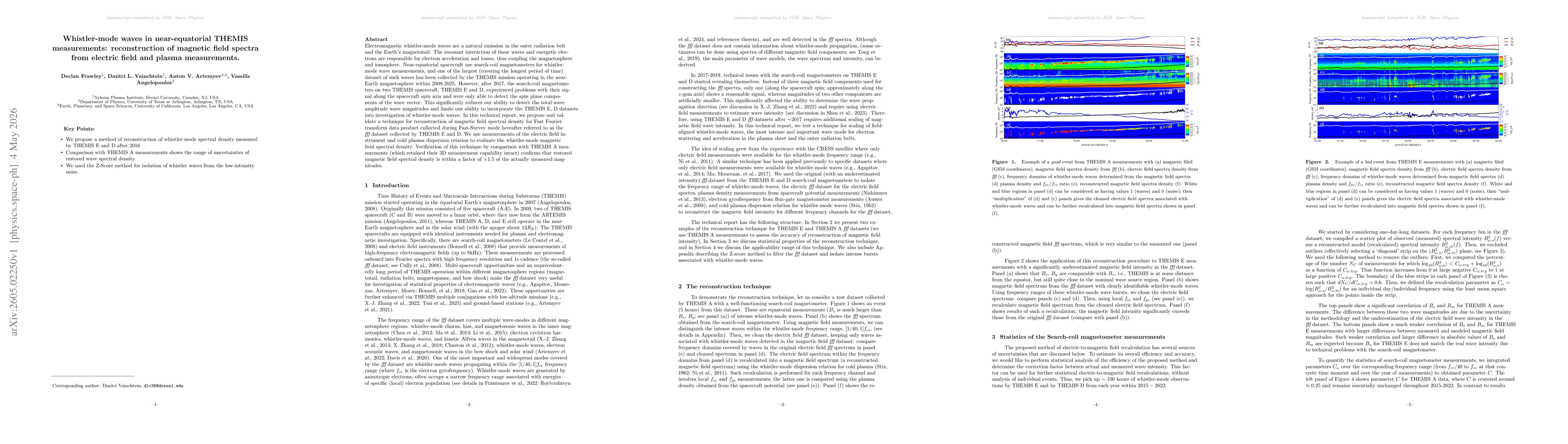 Thumbnail for Whistler-mode waves in near-equatorial THEMIS measurements: reconstruction of magnetic field spectra from electric field and plasma measurements