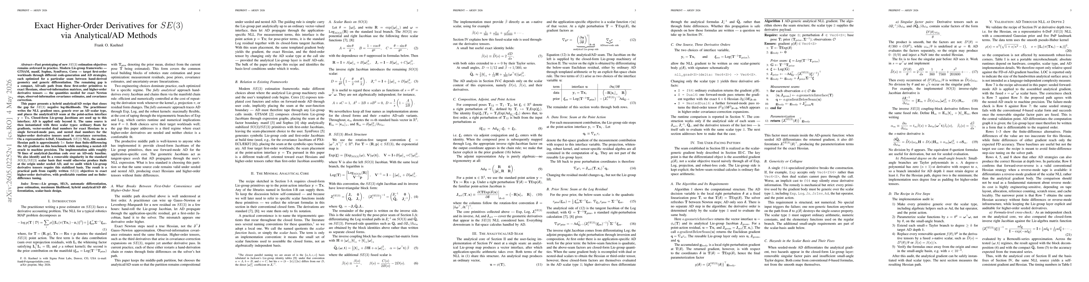 Thumbnail for Exact Higher-Order Derivatives for SE(3) via Analytical/AD Methods
