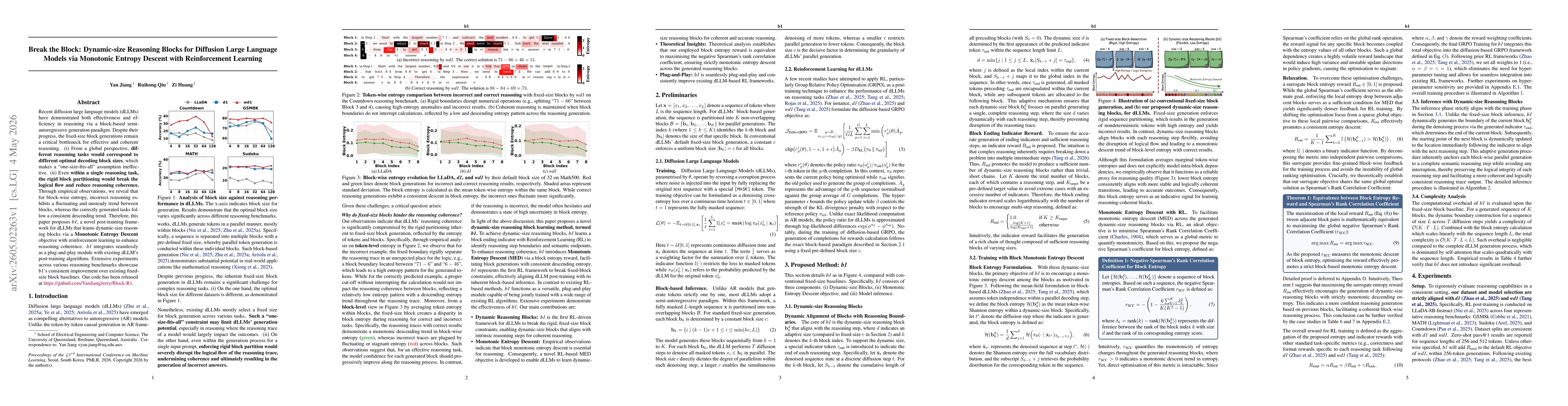 Thumbnail for Break the Block: Dynamic-size Reasoning Blocks for Diffusion Large Language Models via Monotonic Entropy Descent with Reinforcement Learning
