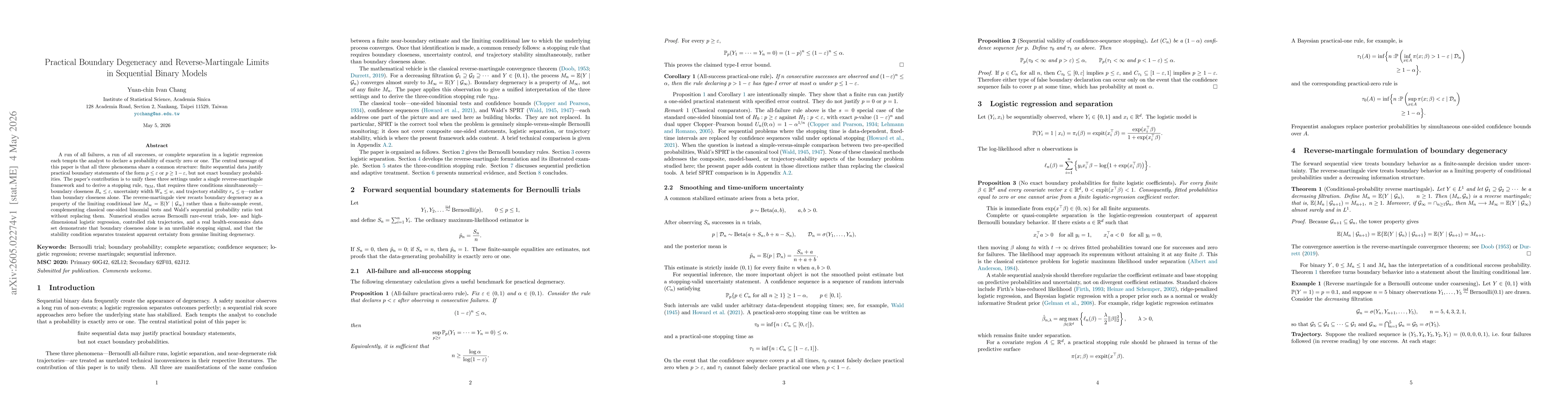 Thumbnail for Practical Boundary Degeneracy and Reverse-Martingale Limits in Sequential Binary Models