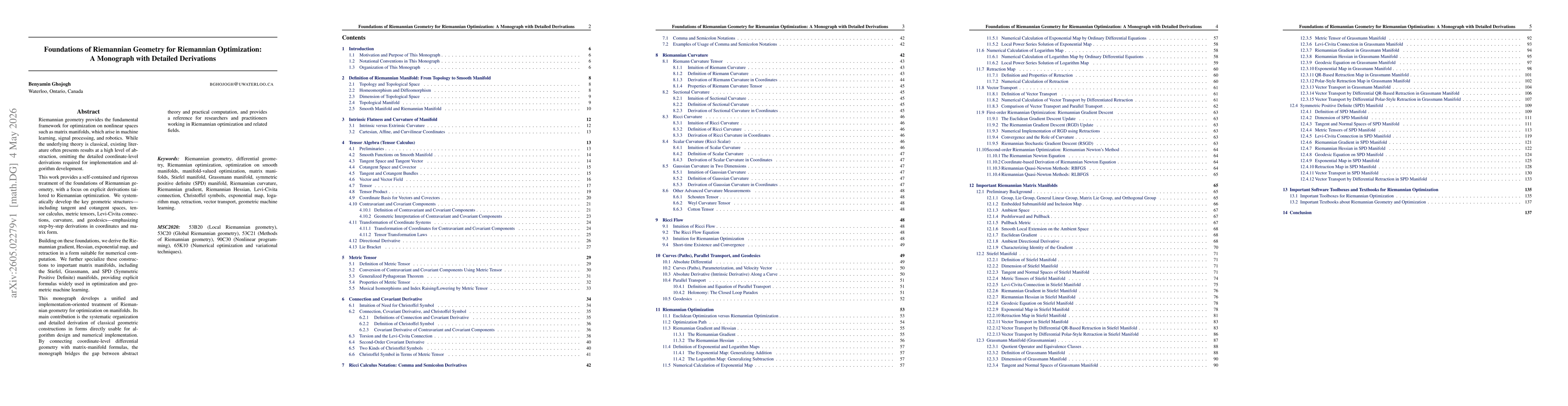 Thumbnail for Foundations of Riemannian Geometry for Riemannian Optimization: A Monograph with Detailed Derivations