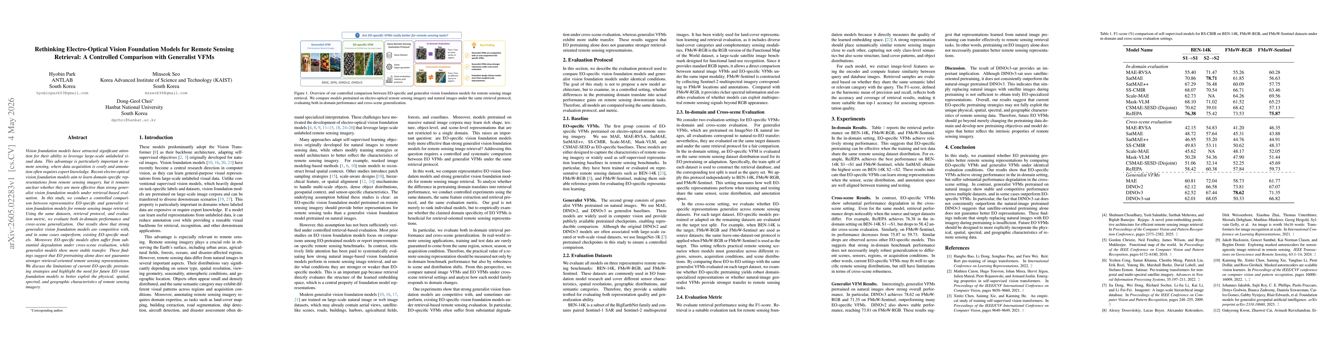 Thumbnail for Rethinking Electro-Optical Vision Foundation Models for Remote Sensing Retrieval: A Controlled Comparison with Generalist VFM