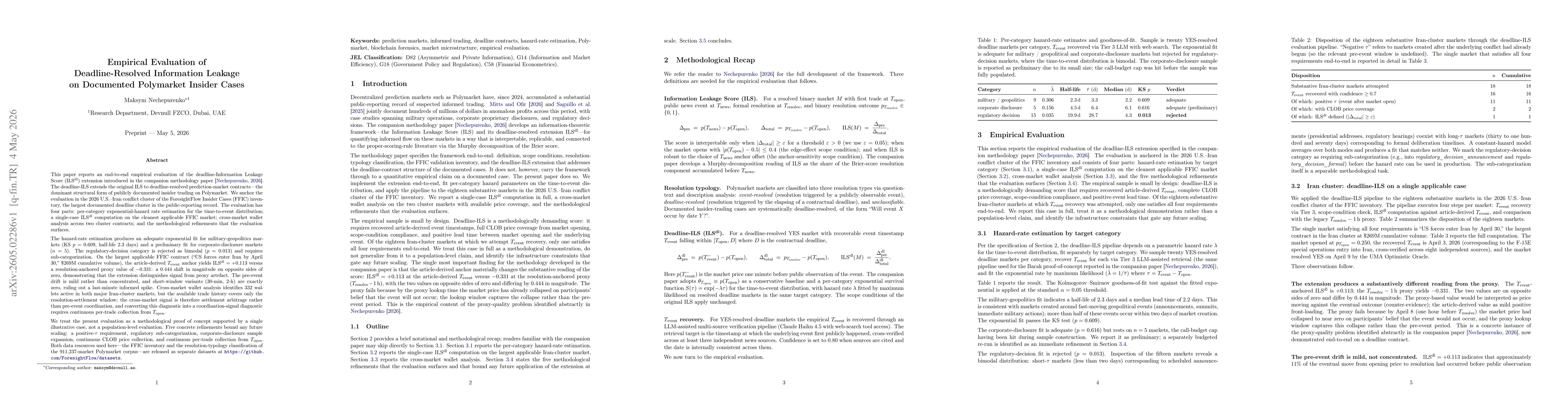 Thumbnail for Empirical Evaluation of Deadline-Resolved Information Leakage on Documented Polymarket Insider Cases