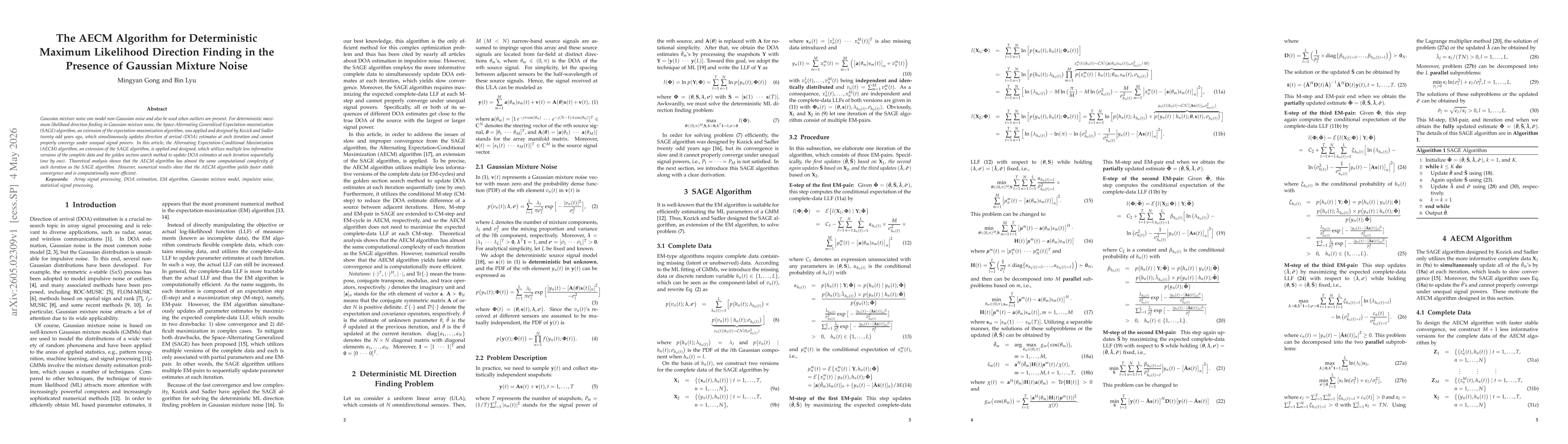 Thumbnail for The AECM Algorithm for Deterministic Maximum Likelihood Direction Finding in the Presence of Gaussian Mixture Noise