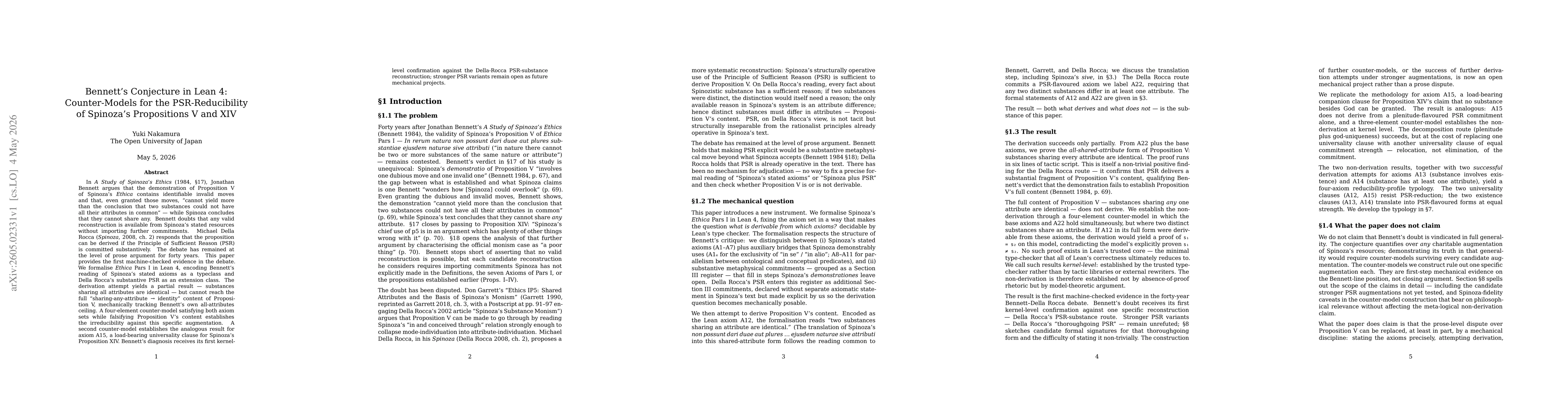 Thumbnail for Bennett's Conjecture in Lean 4: Counter-Models for the PSR-Reducibility of Spinoza's Propositions V and XIV