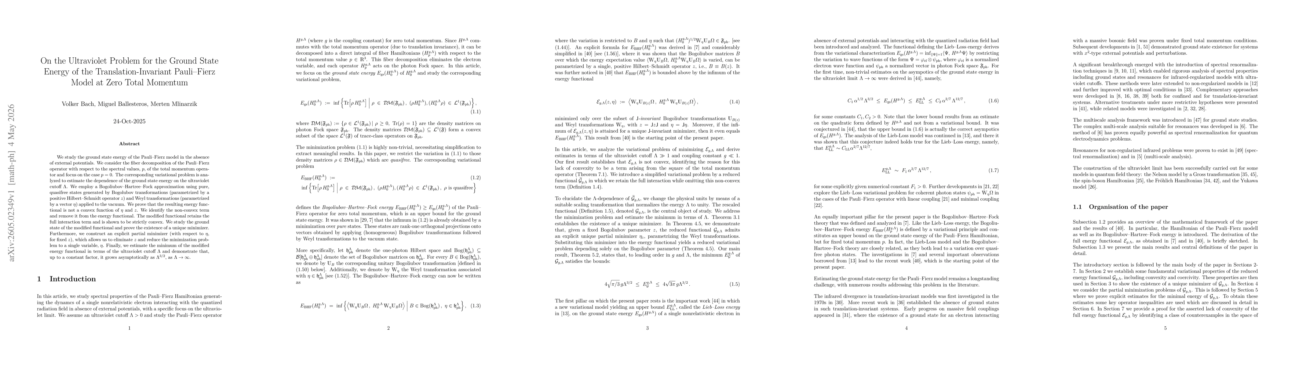 Thumbnail for On the Ultraviolet Problem for the Ground State Energy of the Translation-Invariant Pauli--Fierz Model at Zero Total Momentum