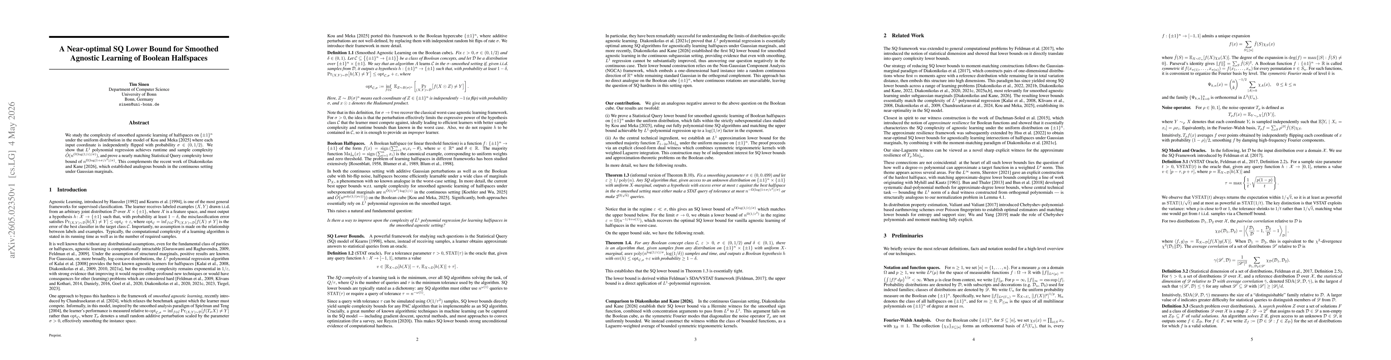 Thumbnail for A Near-optimal SQ Lower Bound for Smoothed Agnostic Learning of Boolean Halfspaces