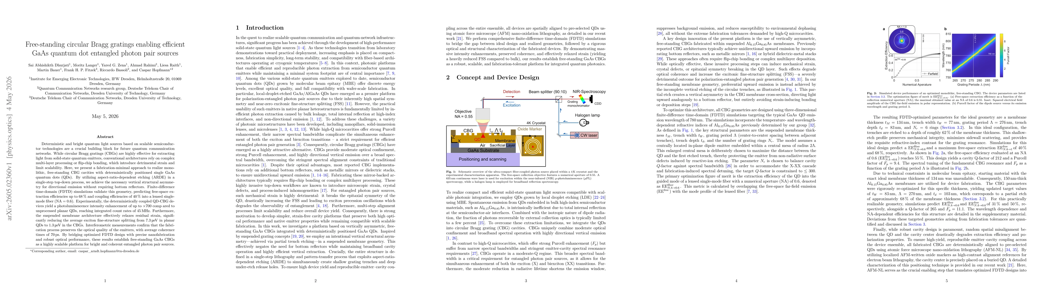 Thumbnail for Free-standing circular Bragg gratings enabling efficient GaAs quantum dot entangled photon pair sources