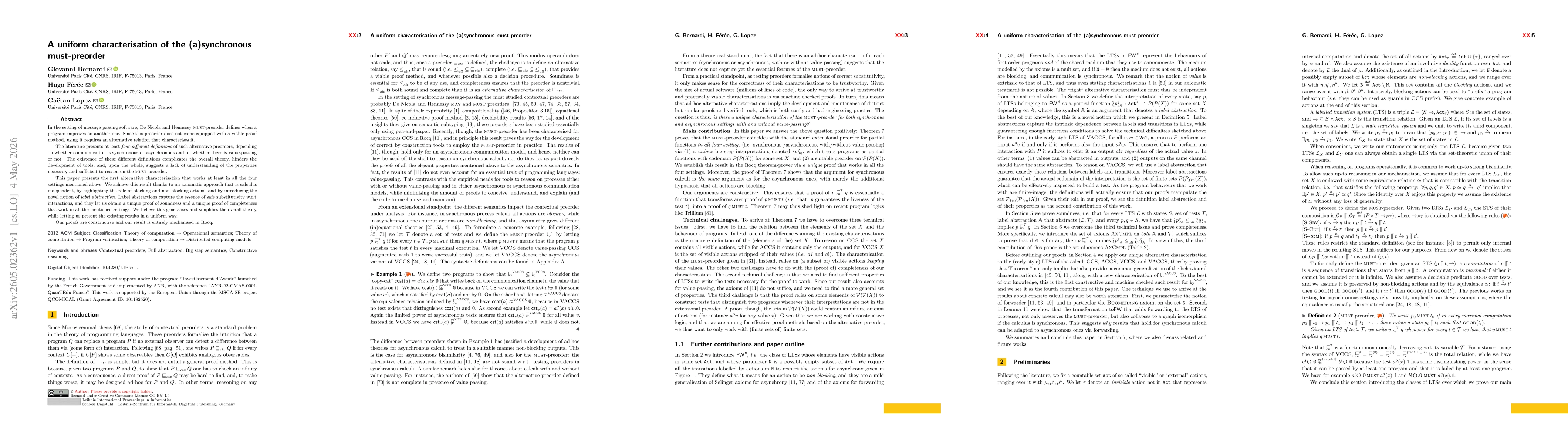 Thumbnail for A uniform characterisation of the (a)synchronous must-preorder