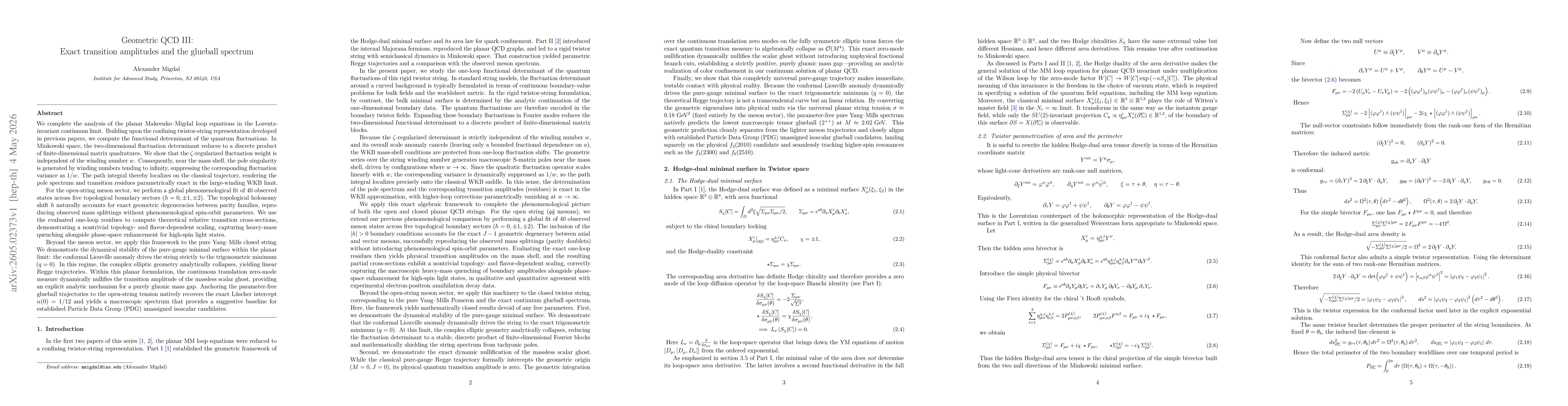 Thumbnail for Geometric QCD III: Exact transition amplitudes and the glueball spectrum