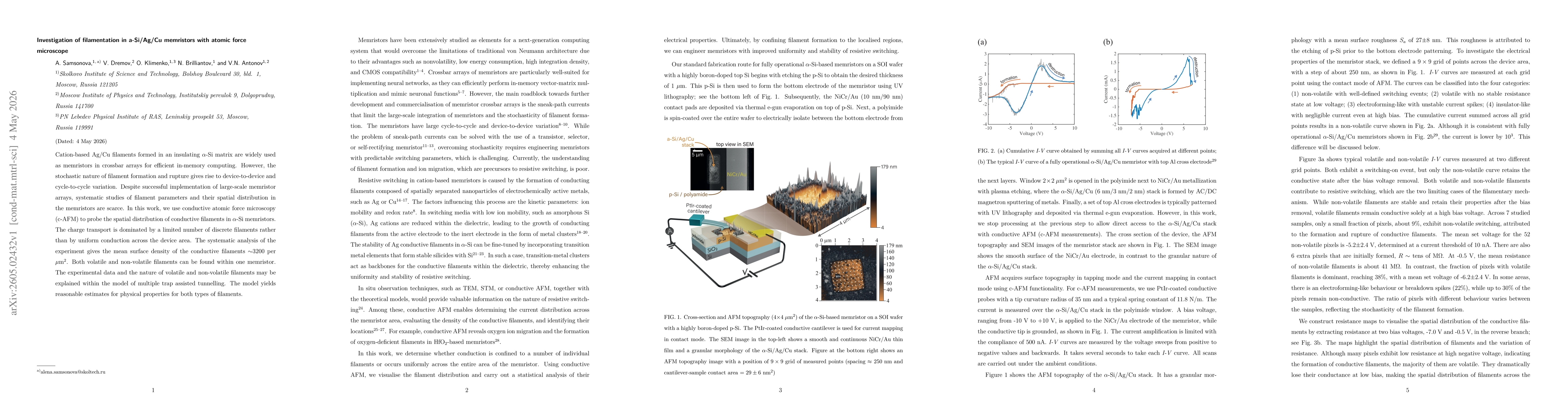 Thumbnail for Investigation of filamentation in a-Si/Ag/Cu memristors with atomic force microscope