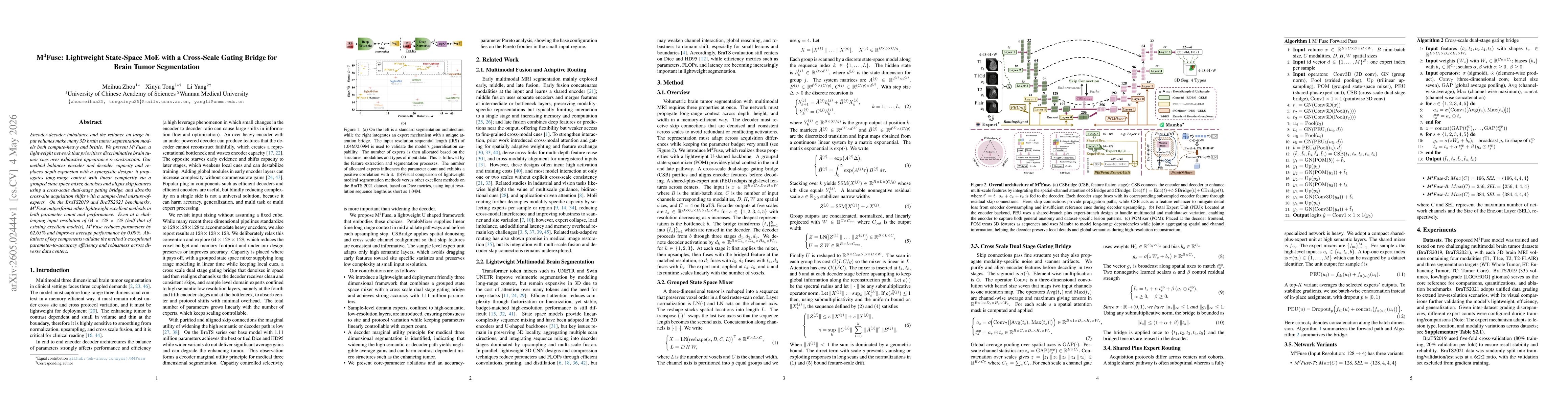 Thumbnail for M\textsuperscript{4}Fuse: Lightweight State-Space MoE with a Cross-Scale Gating Bridge for Brain Tumor Segmentation