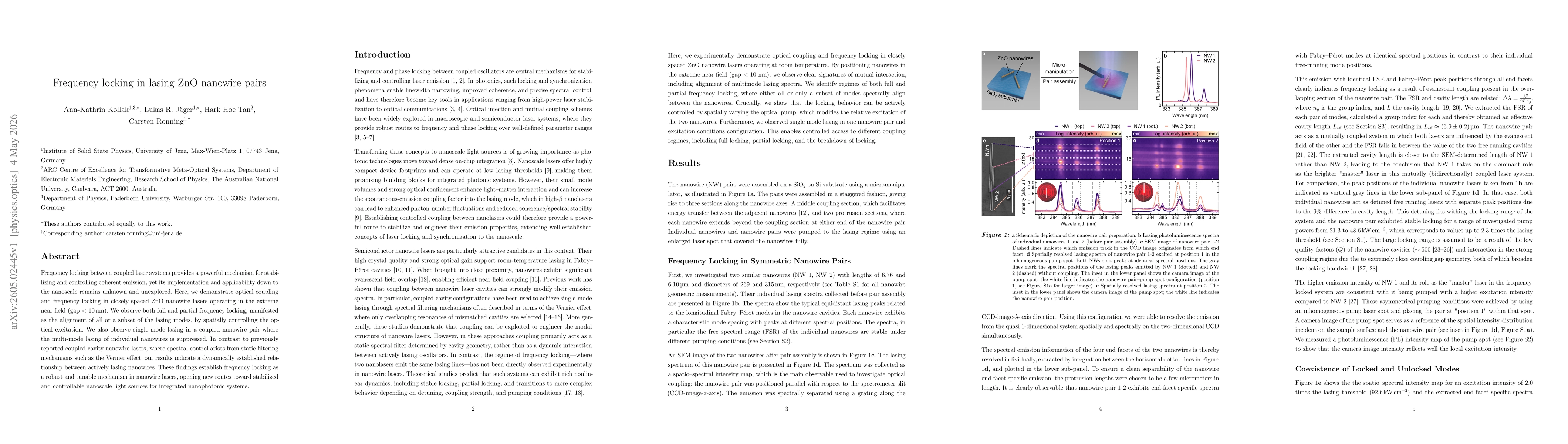 Thumbnail for Frequency locking in lasing ZnO nanowire pairs