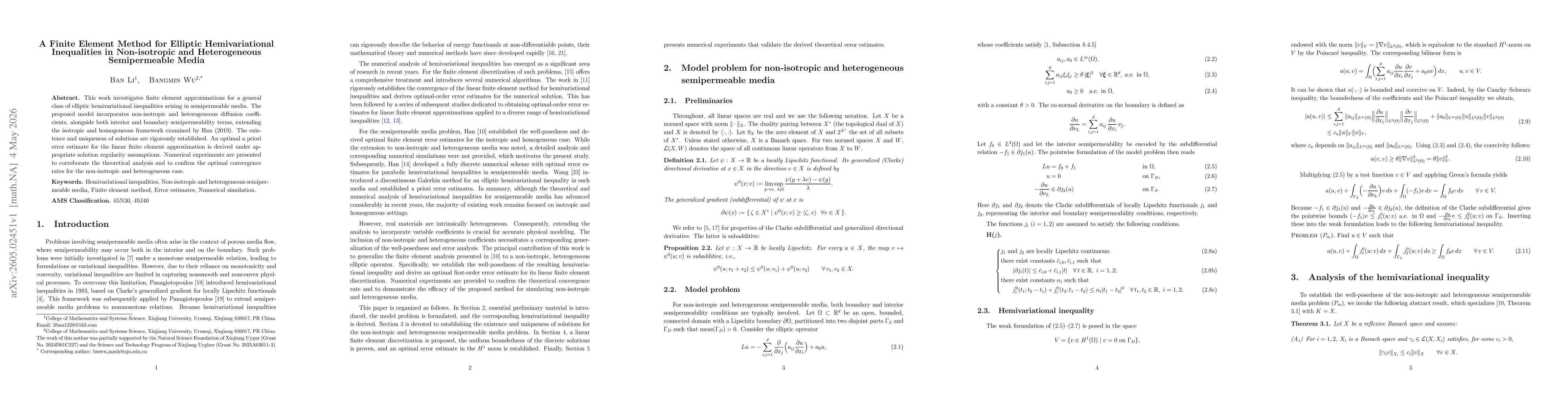 Thumbnail for A Finite Element Method for Elliptic Hemivariational Inequalities in Non-isotropic and Heterogeneous Semipermeable Media