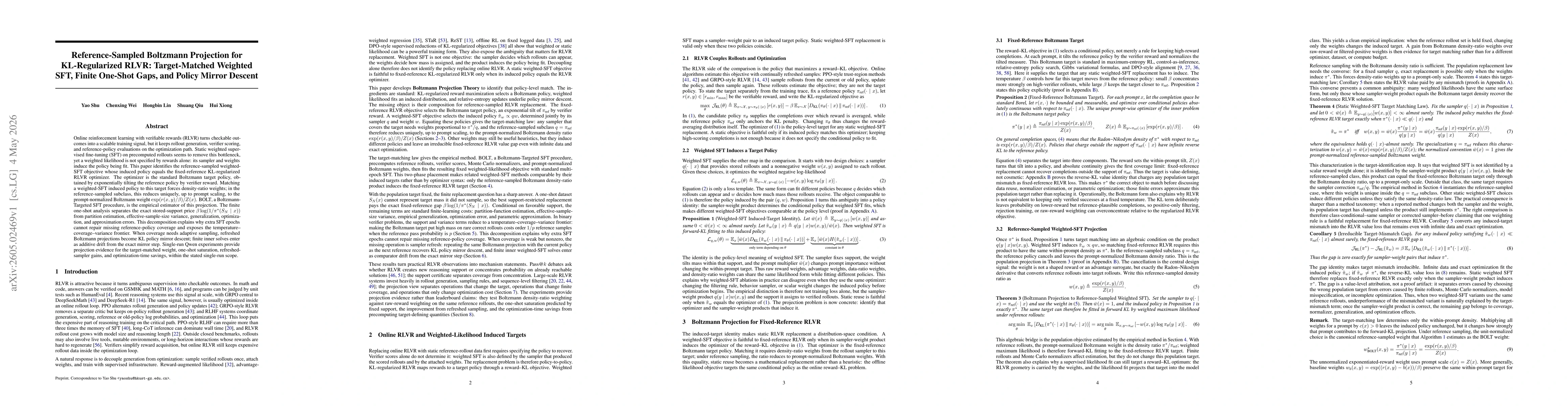 Thumbnail for Reference-Sampled Boltzmann Projection for KL-Regularized RLVR: Target-Matched Weighted SFT, Finite One-Shot Gaps, and Policy Mirror Descent