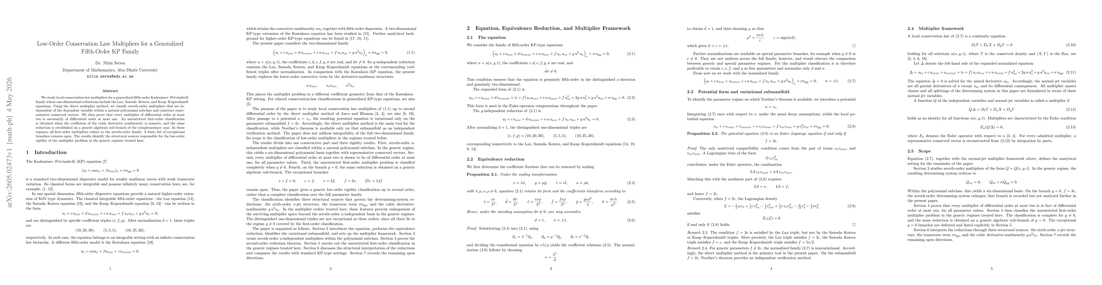 Thumbnail for Low-Order Conservation Law Multipliers for a Generalized Fifth-Order KP Family