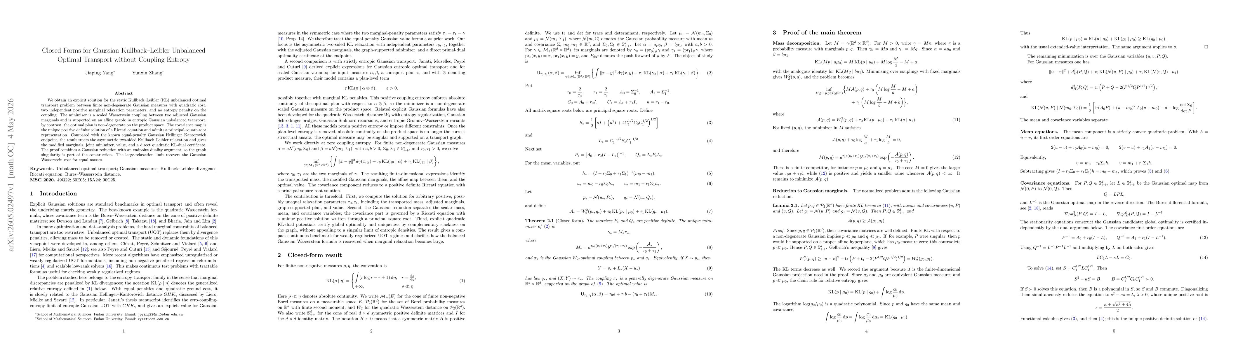 Thumbnail for Closed Forms for Gaussian Kullback--Leibler Unbalanced Optimal Transport without Coupling Entropy