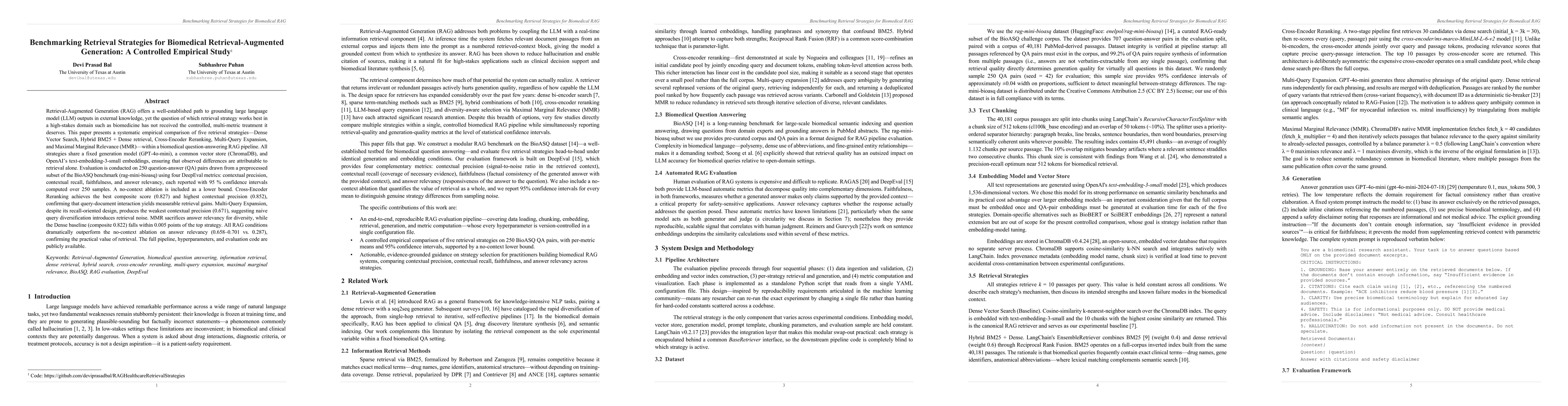 Thumbnail for Benchmarking Retrieval Strategies for Biomedical Retrieval-Augmented Generation: A Controlled Empirical Study