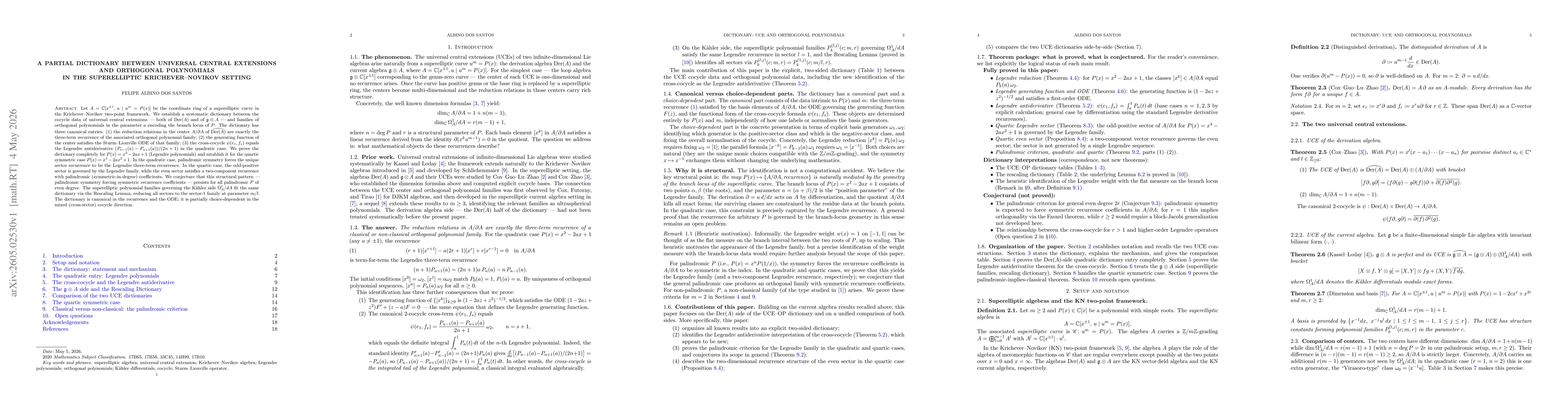 Thumbnail for A partial dictionary between universal central extensions and orthogonal polynomials in the superelliptic Krichever--Novikov setting