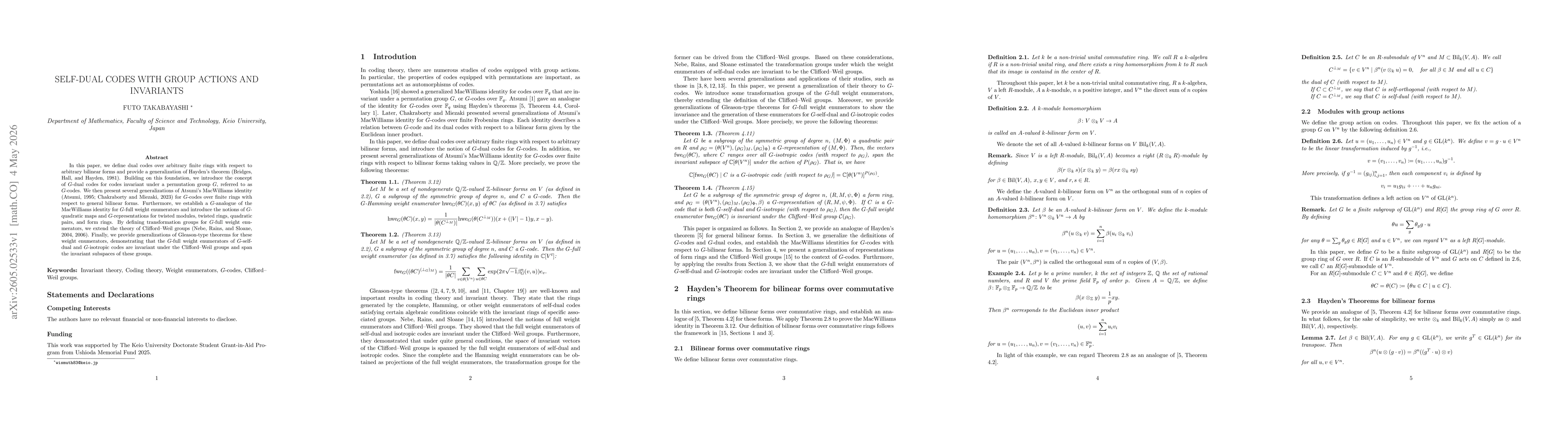 Thumbnail for Self-dual codes with group actions and invariants