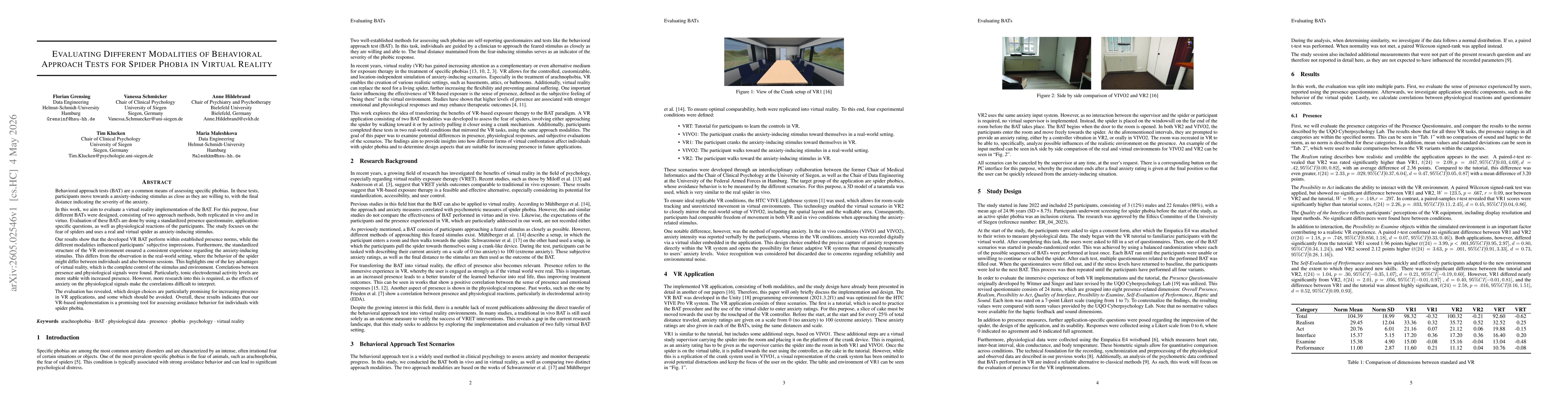 Thumbnail for Evaluating Different Modalities of Behavioral Approach Tests for Spider Phobia in Virtual Reality